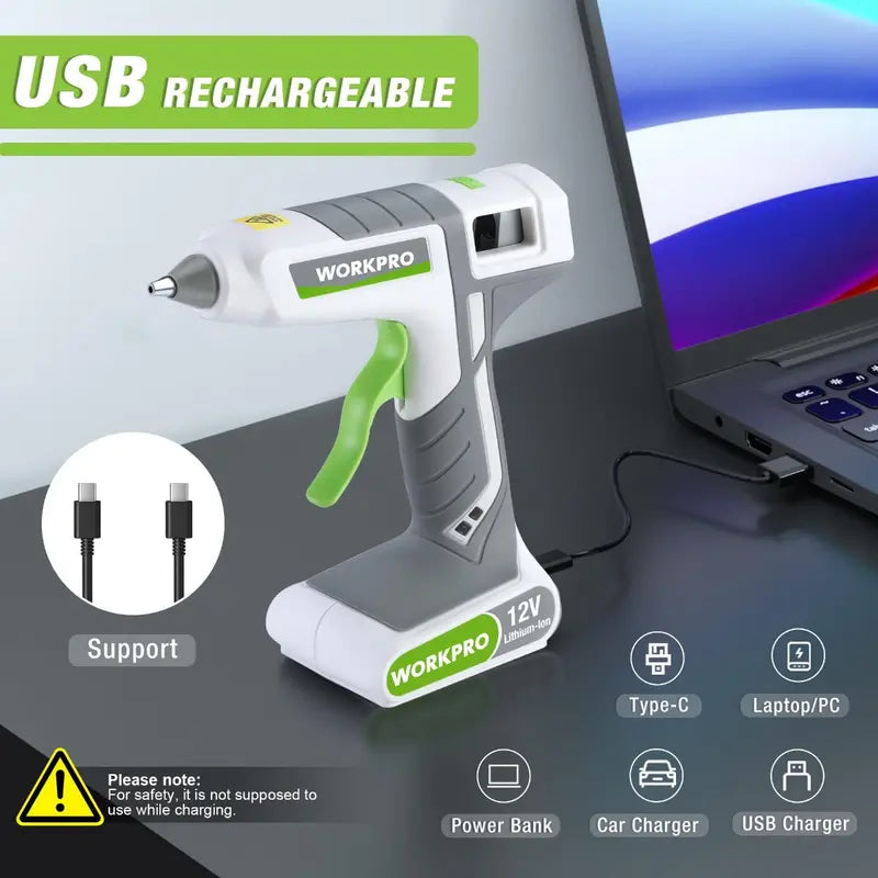 WORKPRO 12V Cordless Hot Melt Glue Gun – Full-Size, Rechargeable Design