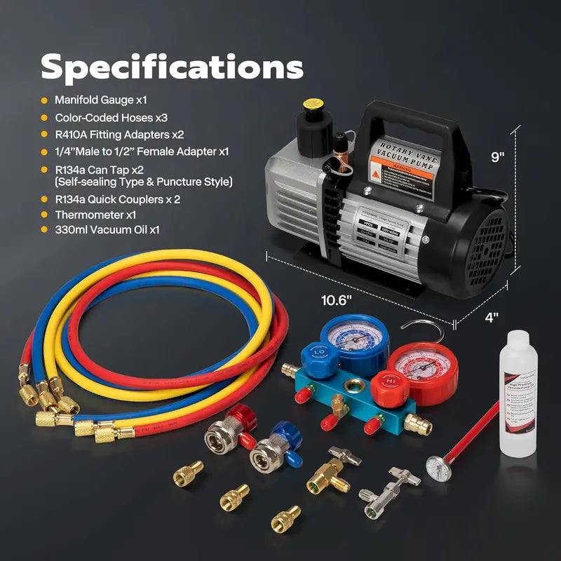 HVAC Vacuum Pump & Manifold Gauge Kit — 110V, 1/4 HP, 3.5 CFM, R134a/R410a Compatible