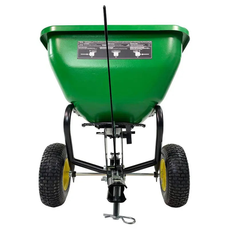 John Deere 175 lb Tow-Behind Broadcast Spreader – Rustproof Poly Hopper, Universal Hitch Compatibility
