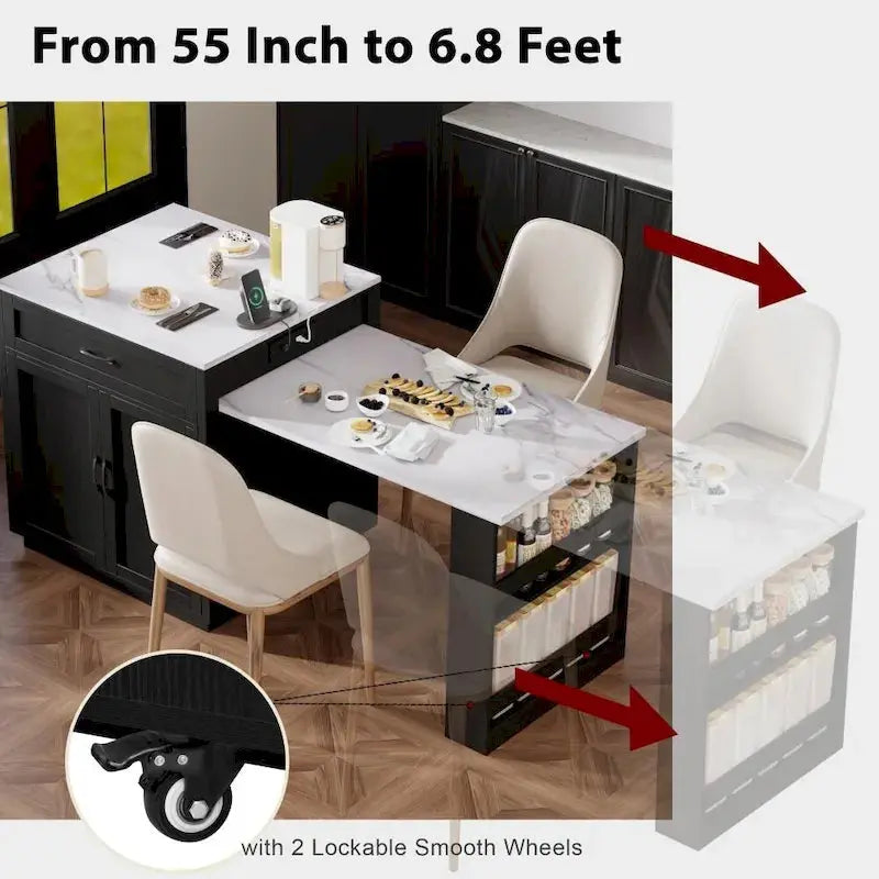 Wooden Extendable Kitchen Island for 4–6 People with Dual Storage Compartments