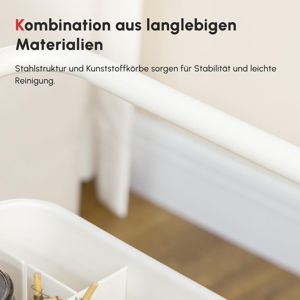 HOMCOM Rollwagen, Servierwagen, 3 Ablagekörbe, 3 Hängeboxen, 4 Haken, Metallrahmen, 42 x 38 x 86,5cm, Weiß