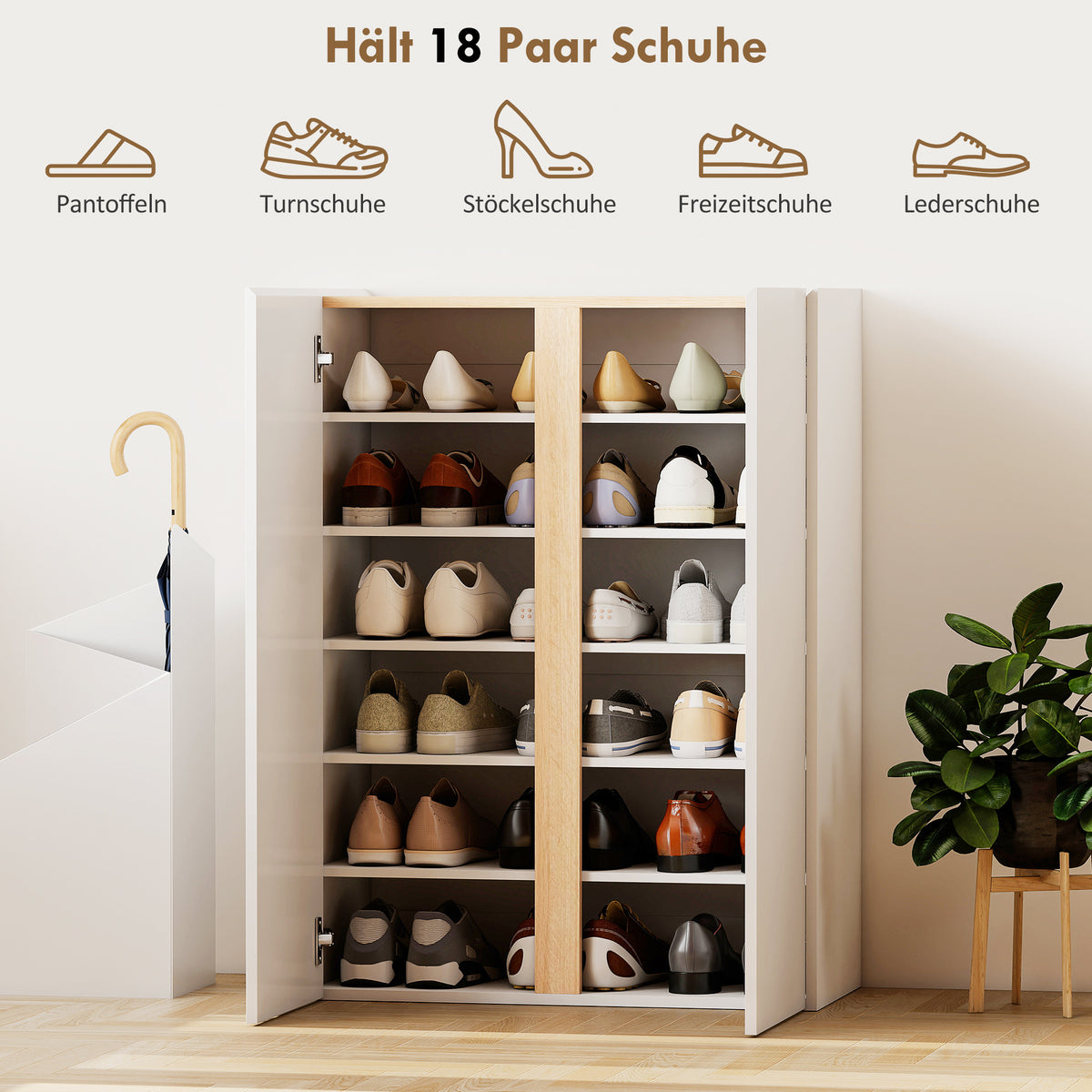 HOMCOM Schuhschrank mit Soft-Close-Funktion, 6-stufiges Design ohne Griffe, fasst bis zu 18 Paare, für Flur, Eingangsbereich, Holz, Weiß