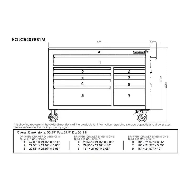 Heavy-Duty 52-Inch Mobile Workbench – 9-Drawer Unit with Adjustable Solid Wood Top in Matte Blue Finish