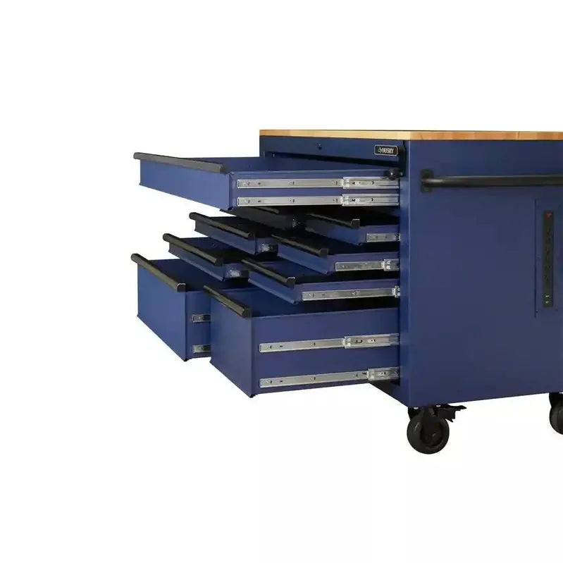Heavy-Duty 52-Inch Mobile Workbench – 9-Drawer Unit with Adjustable Solid Wood Top in Matte Blue Finish