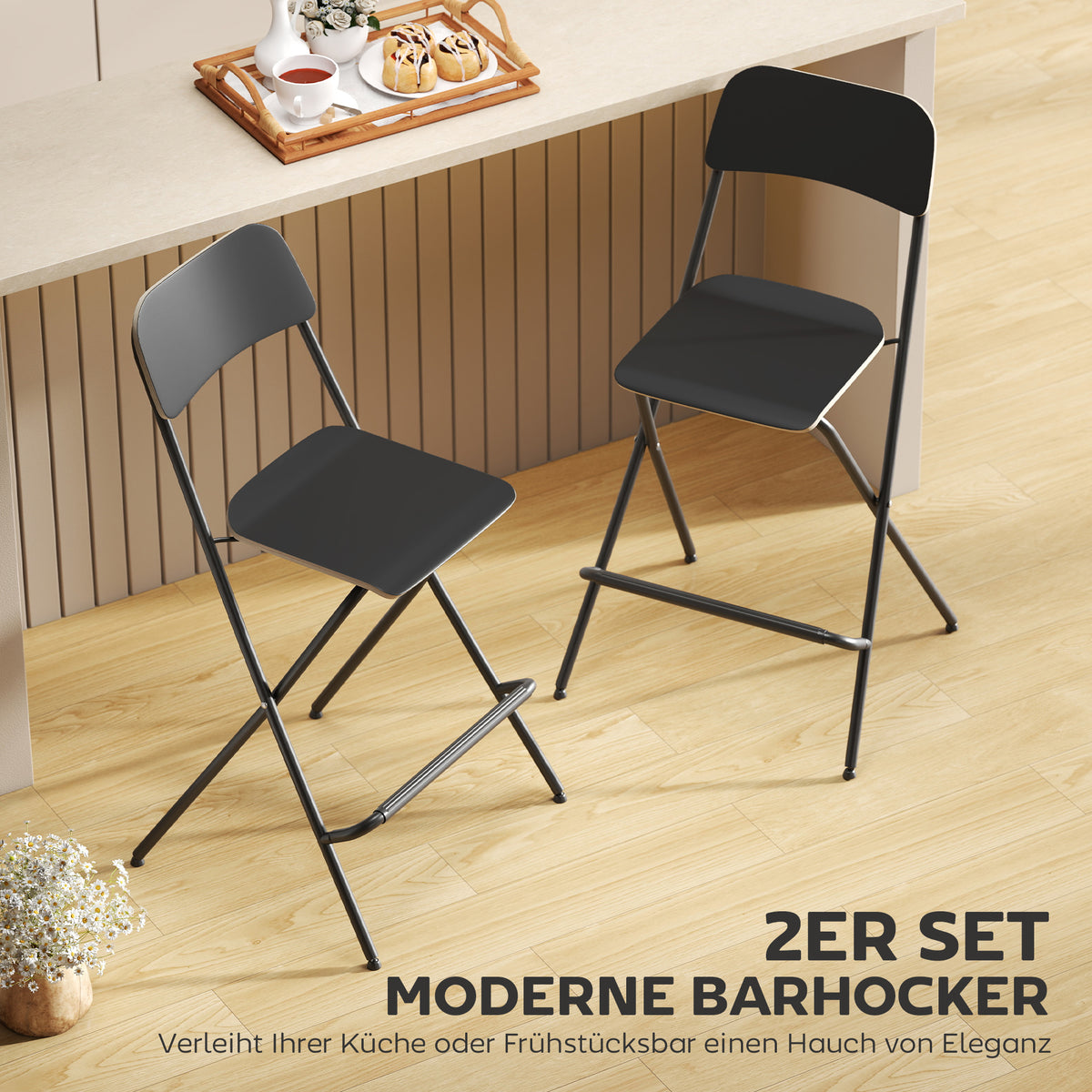 HOMCOM 2er-Set Barhocker, klappbare Barstühle mit Stahlrahmen, für Küche, Esszimmer, Schwarz