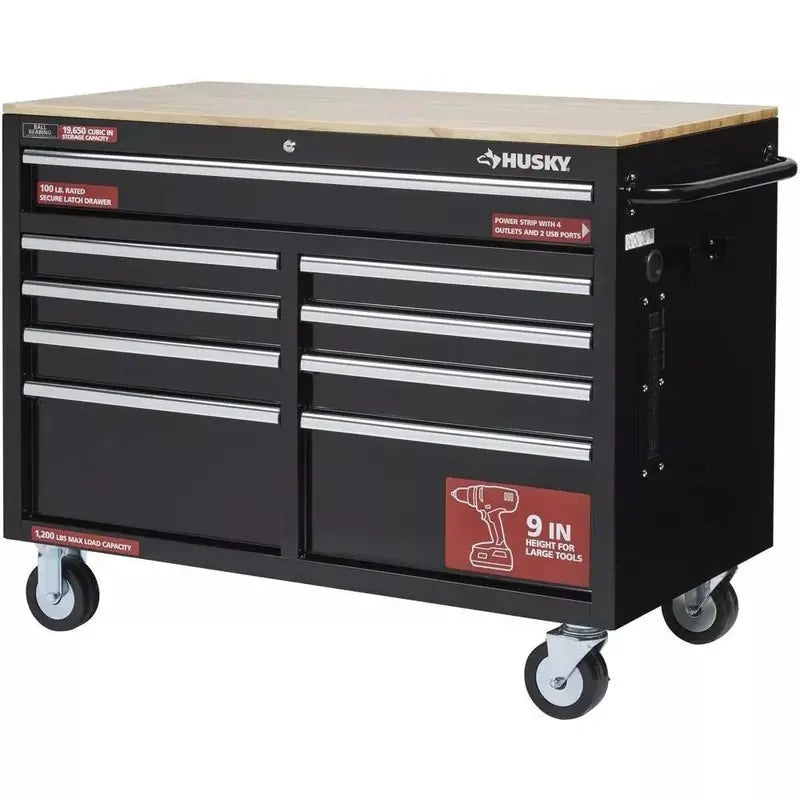 Husky 46″ 9-Drawer Gloss Black Mobile Tool Chest Workbench with Power Strip