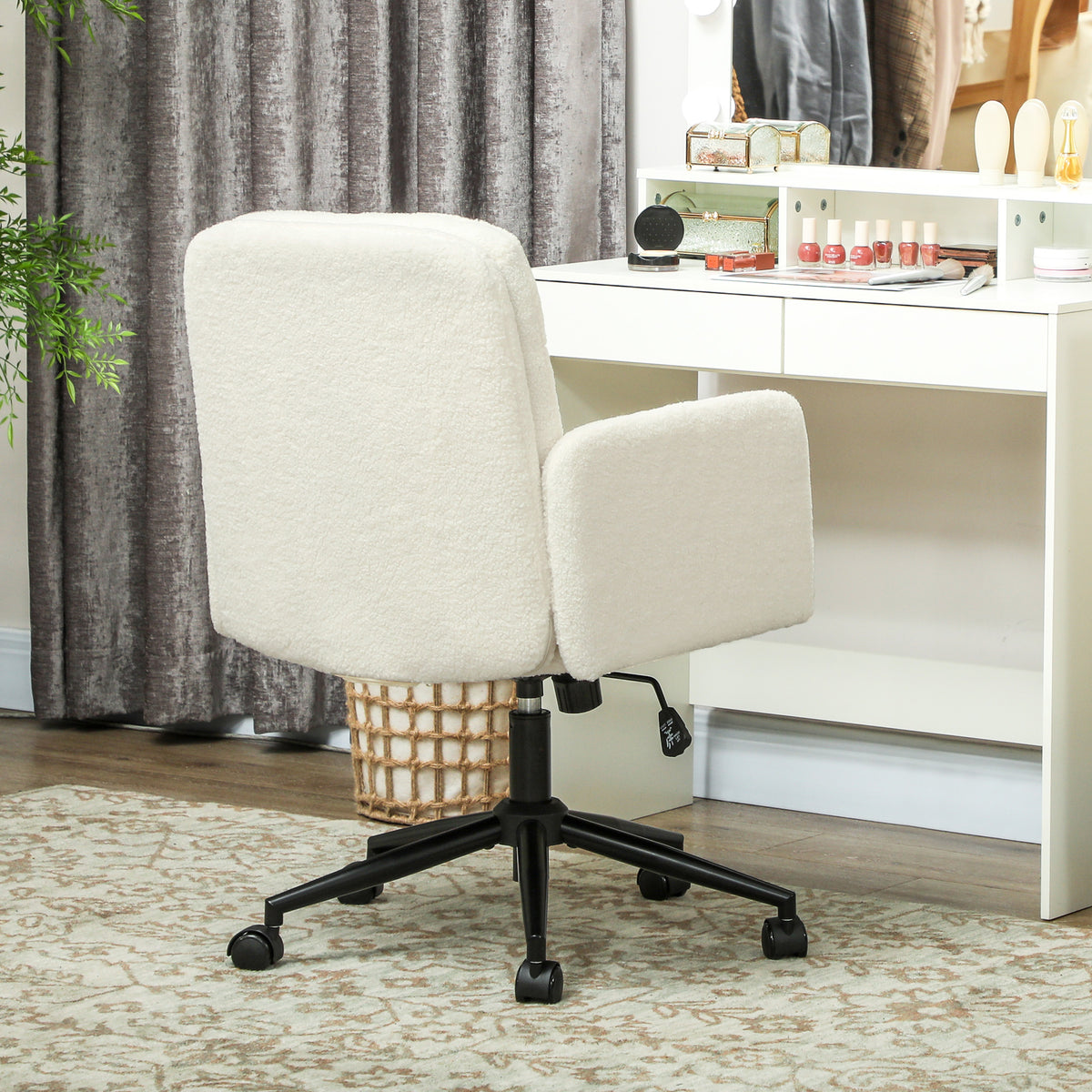 HOMCOM Fahrbarer Bürostuhl mit Stoffbezug, Armlehne, 5 Räder, drehbar, Cremeweiß