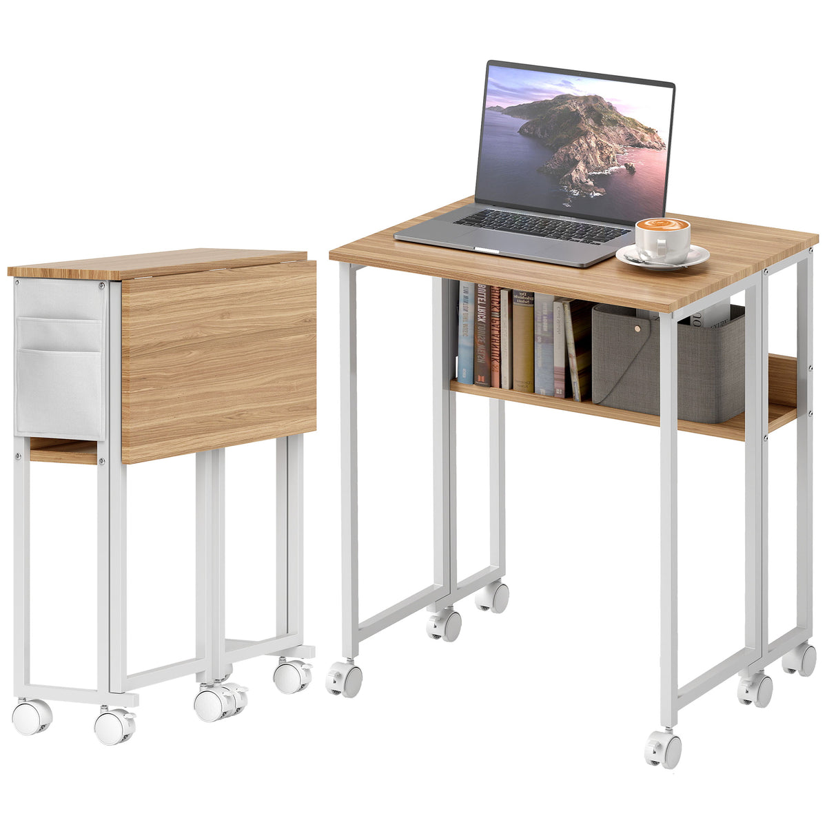 HOMCOM Faltbarer Schreibtisch, zum Beistelltisch umwandelbar, offenes Regal, Natur