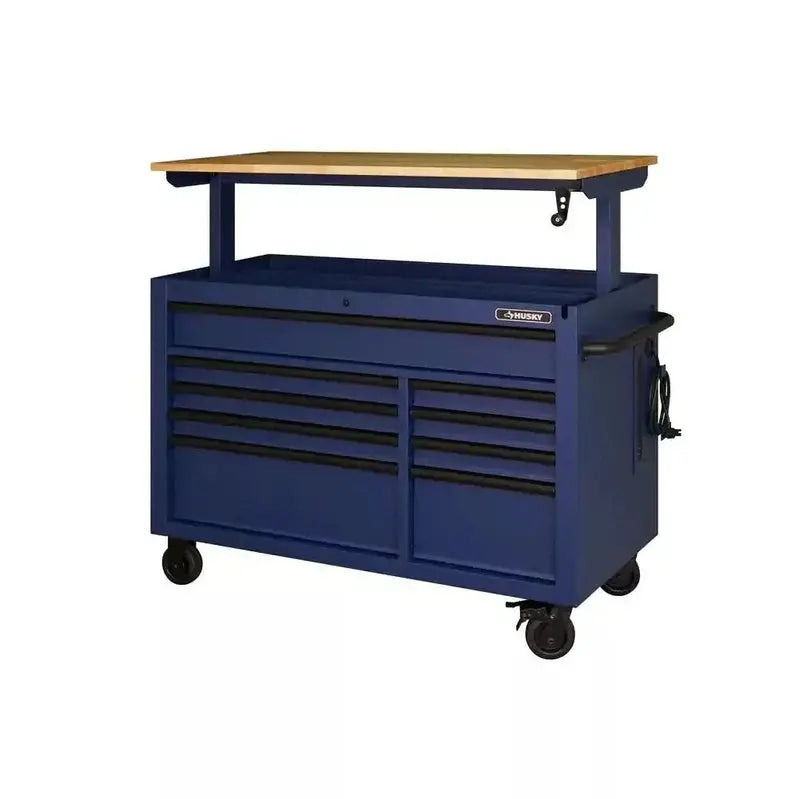 Heavy-Duty 52-Inch Mobile Workbench – 9-Drawer Unit with Adjustable Solid Wood Top in Matte Blue Finish