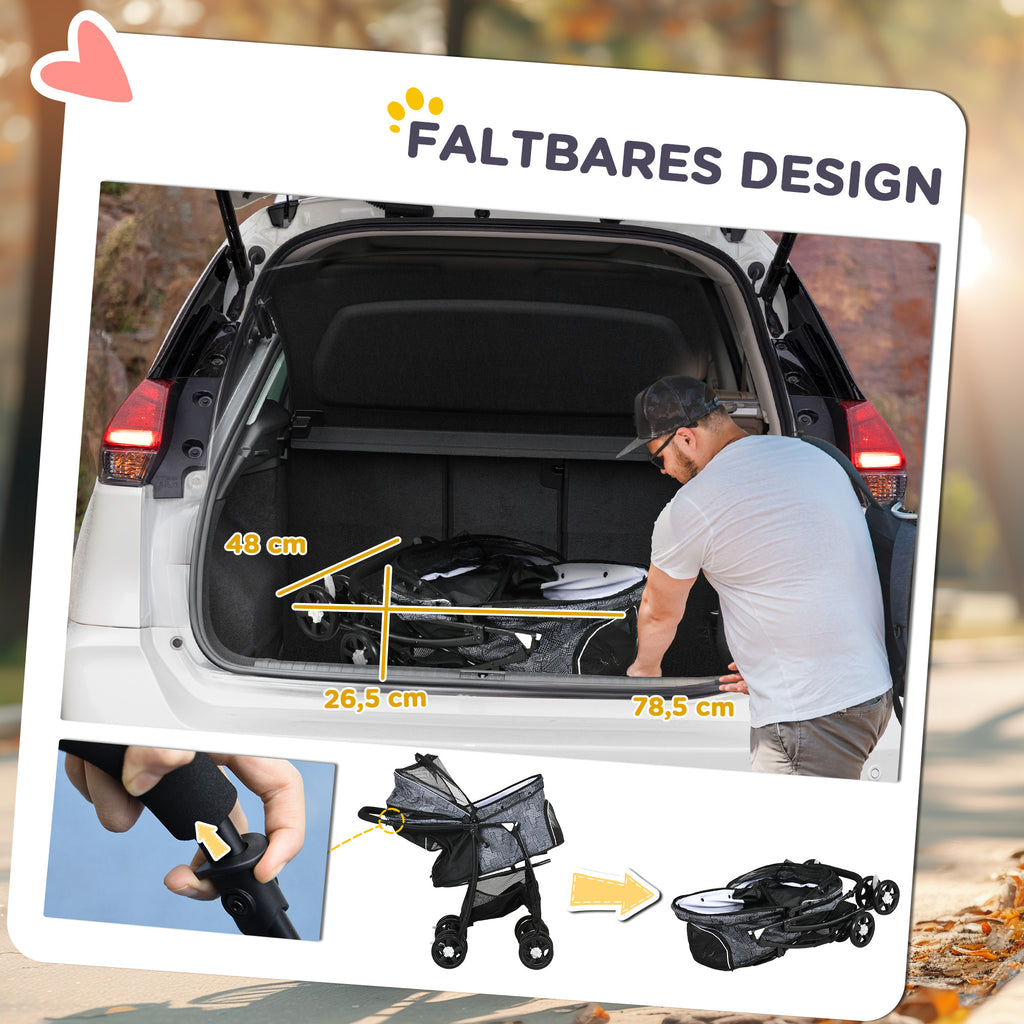 PawHut Hundebuggy Hundewagen bis 10kg klappbar verstellbares Vordach Bodenkorb Kissen Seitentasche 81 cm x 48 cm x 99 cm Grau