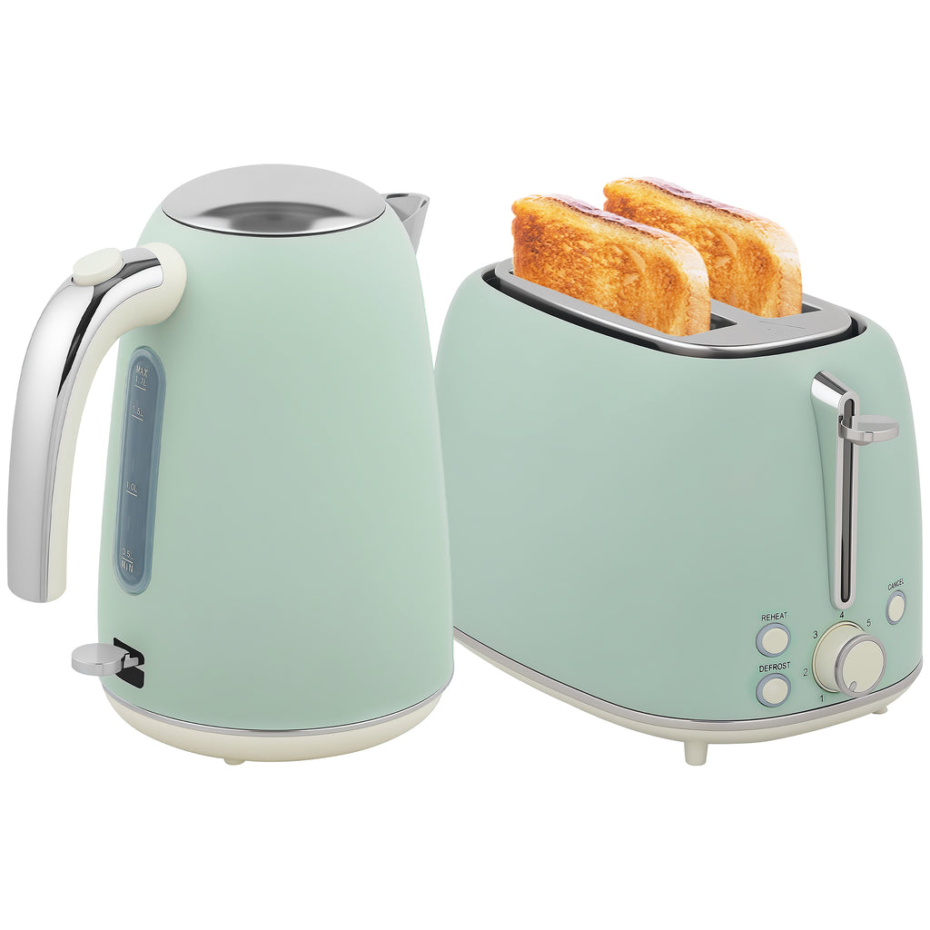HOMCOM Set Wasserkocher und Toaster, Edelstahl-Wasserkocher 1,7 L und 2200 W und 2-Scheiben Toaster, grün