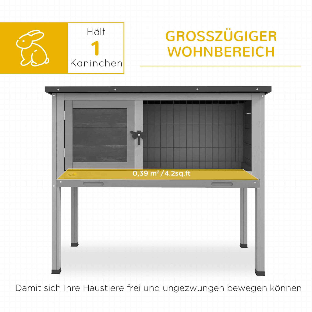 PawHut Hasenstall Kaninchenstall aus Tannenholz Winterfest Hasenkäfig mit aufklappbar Dach 84x43x70 cm Grau