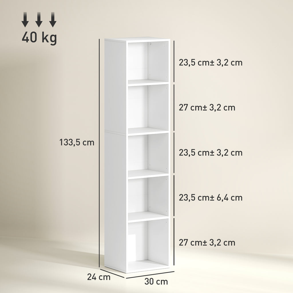 HOMCOM Bücherregal, 5 Fächer, verstellbare Regale, Holz, 30 x 24 x 133,5 cm, Weiß
