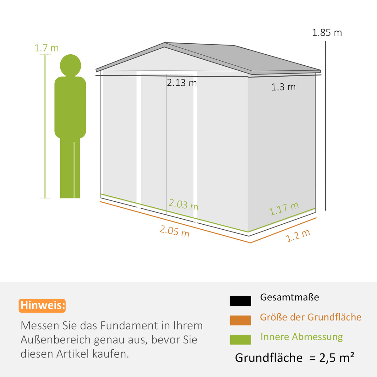 Outsunny Geräteschuppen mit Schiebetüren 2,13 x 1,30 x 1,85cm Metall Grau