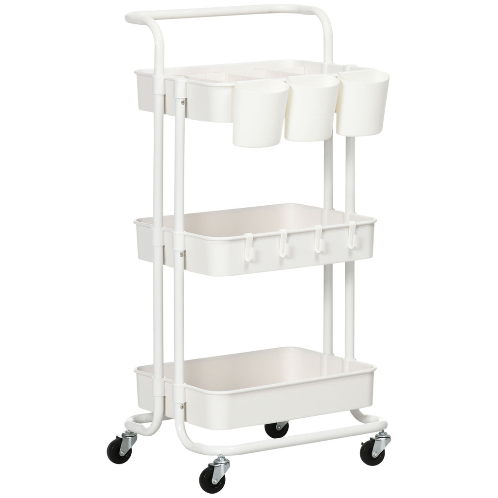 HOMCOM Rollwagen, Servierwagen, 3 Ablagekörbe, 3 Hängeboxen, 4 Haken, Metallrahmen, 42 x 38 x 86,5cm, Weiß