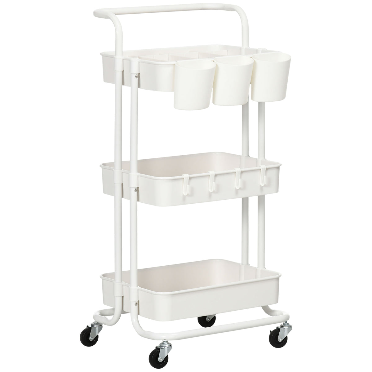 HOMCOM Rollwagen, Servierwagen, 3 Ablagekörbe, 3 Hängeboxen, 4 Haken, Metallrahmen, 42 x 38 x 86,5cm, Weiß