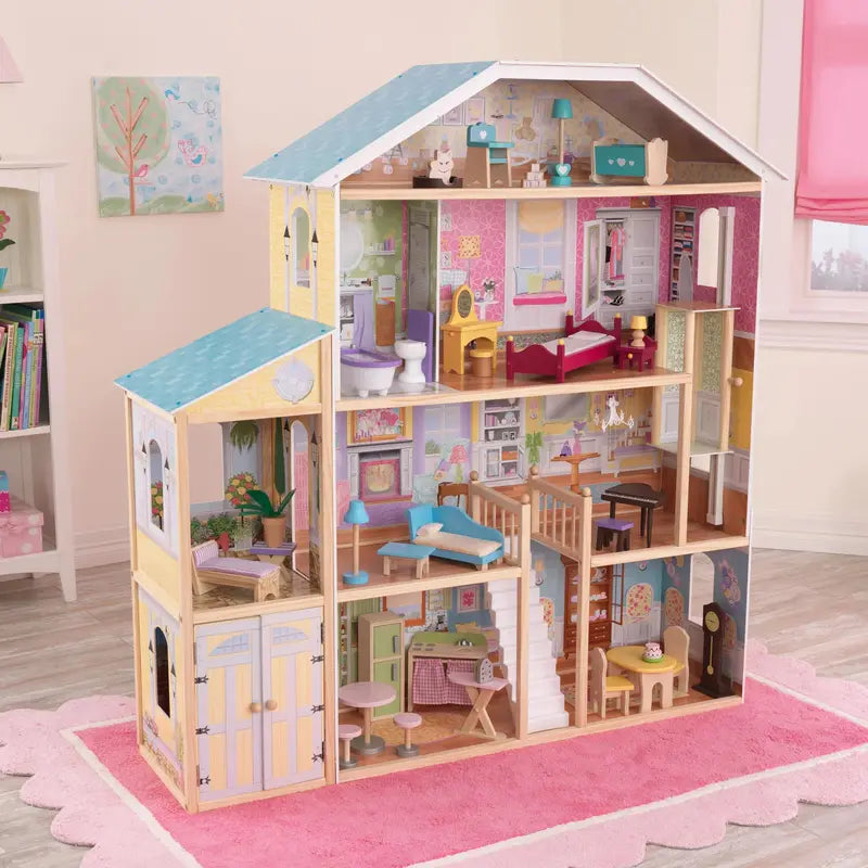 KidKraft Majestic Mansion Wooden Dollhouse – Three-Story Playset with 34 Accessories Included