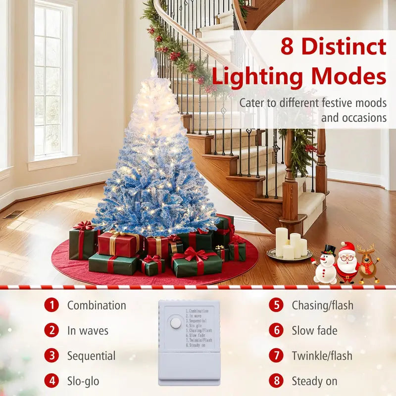 Pre-Lit Snow-Flocked Artificial Christmas Tree with Hinged Construction and Full Branch Profile