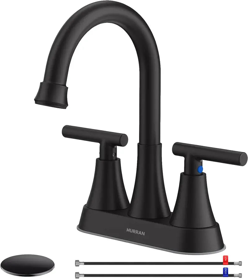Hurran 3-Hole Matte Black Bathroom Faucet Set with Pop-Up Drain – 4-Inch Centerspread Design