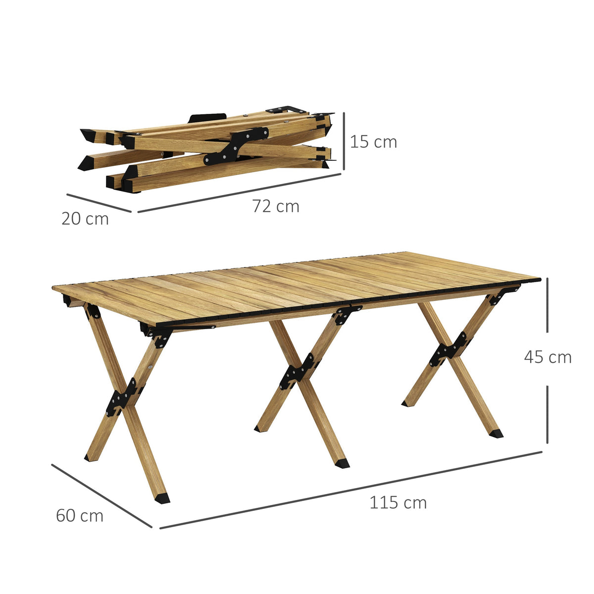 Outsunny Campingtisch Picknicktisch Gartentisch aus Aluminium mit aufrollbarer Platte Naturholzoptik