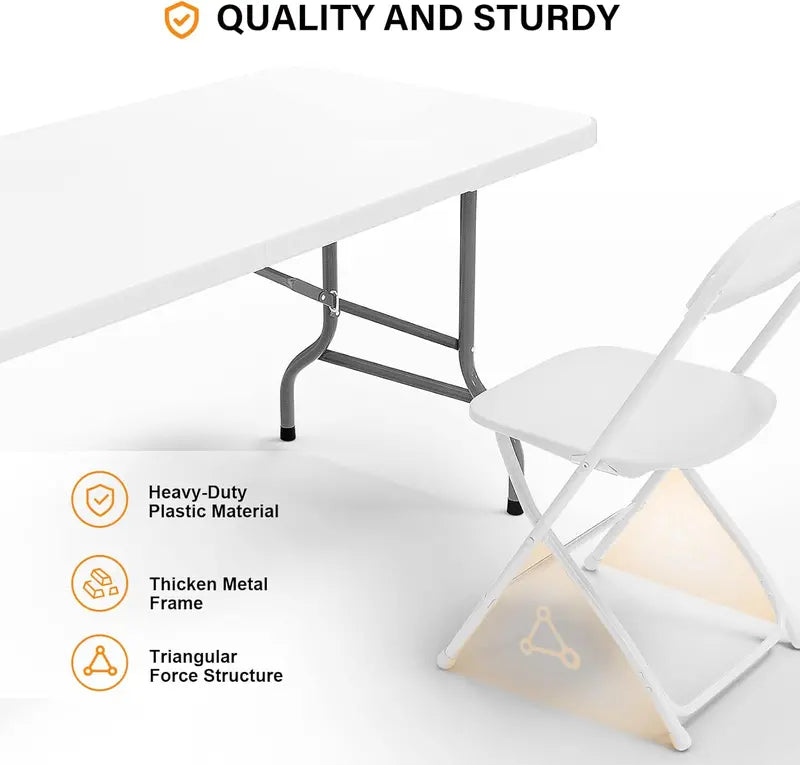 VINGLI 6-Foot Folding Table Set — Includes 8 Stackable White Chairs for Indoor/Outdoor Events