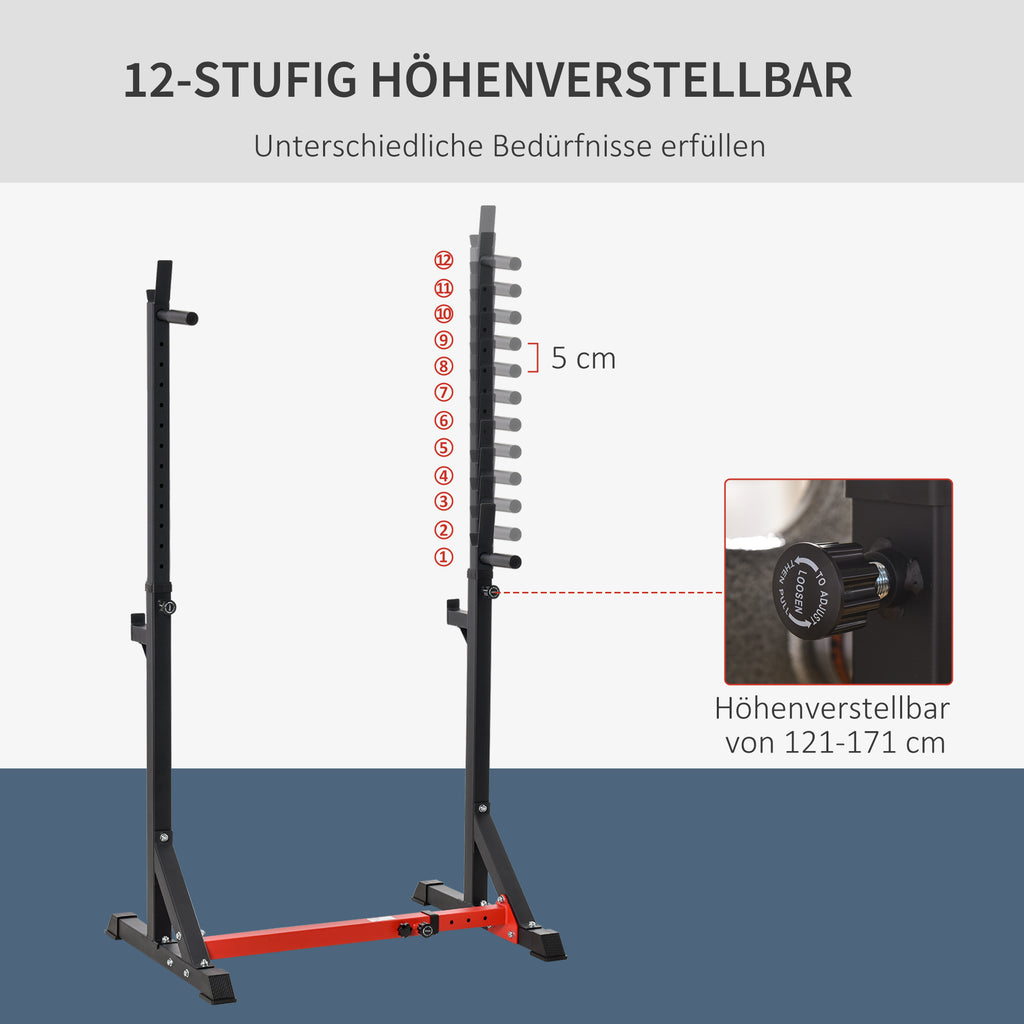 HOMCOM Langhantelständer, höhenverstellbar 77-122 cm, bis 150 kg, rutschfeste Gummifüße, Stahl, Rot+Schwarz
