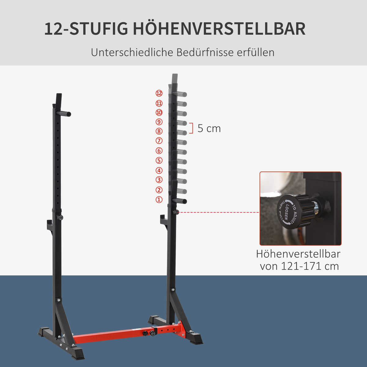 HOMCOM Langhantelständer, höhenverstellbar 77-122 cm, bis 150 kg, rutschfeste Gummifüße, Stahl, Rot+Schwarz
