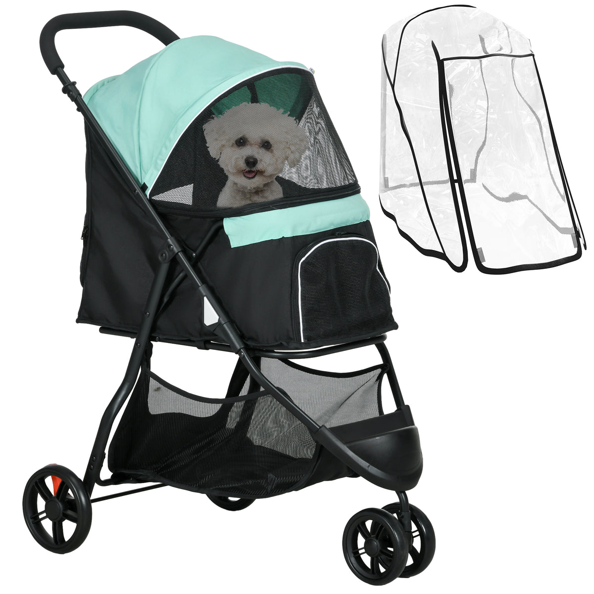 PawHut Haustierbuggy Hundebuggy, klappbar, mit Regenschutz, 2 Getränkehalter, Blau + Grün