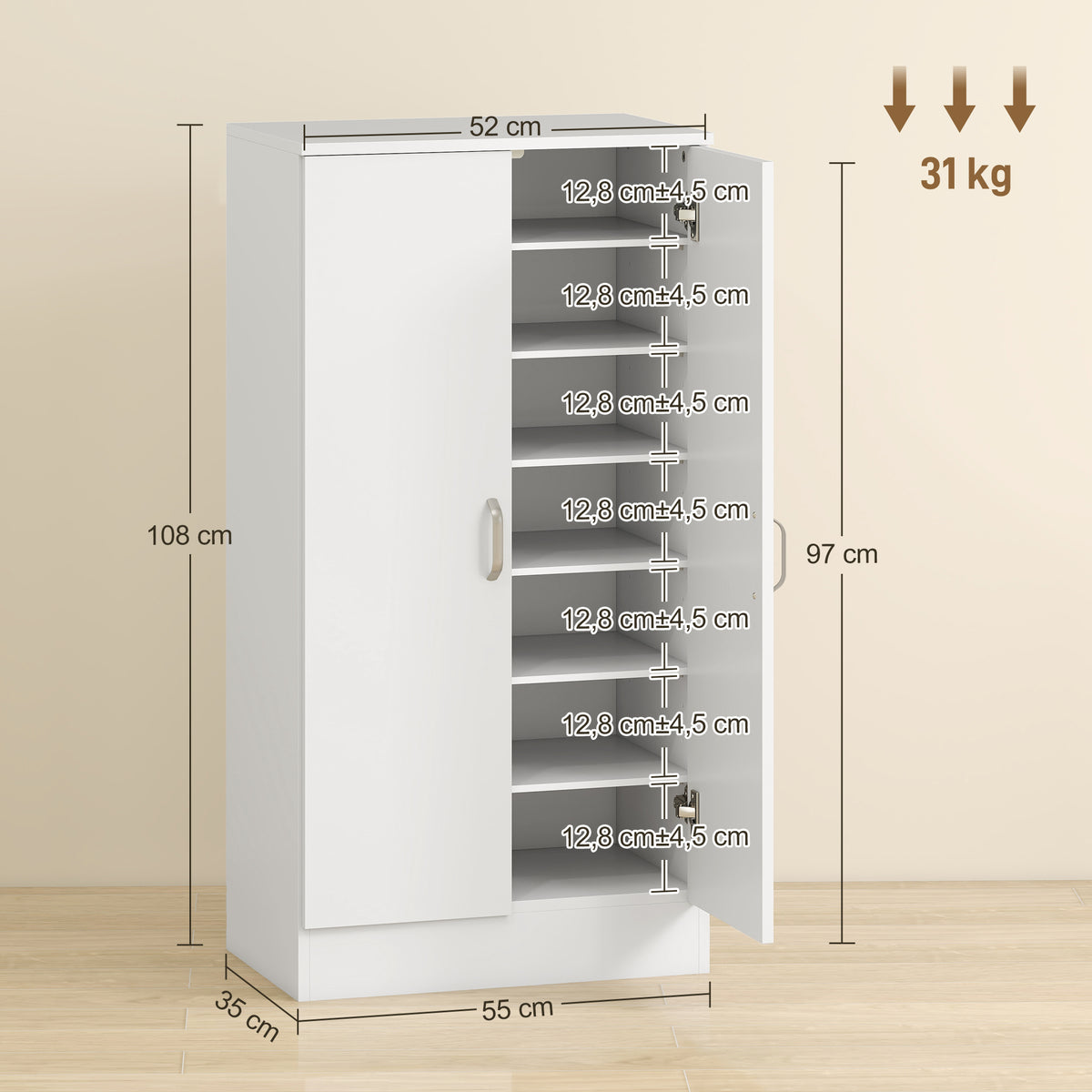 HOMCOM Schuhschrank mit Soft-Close-Scharnieren, verstellbare Regale, 6-stufiges Schuhregal für Flur, Eingangsbereich, für 14 Paare, 55 x 35 x 108 cm, Holz, Weiß