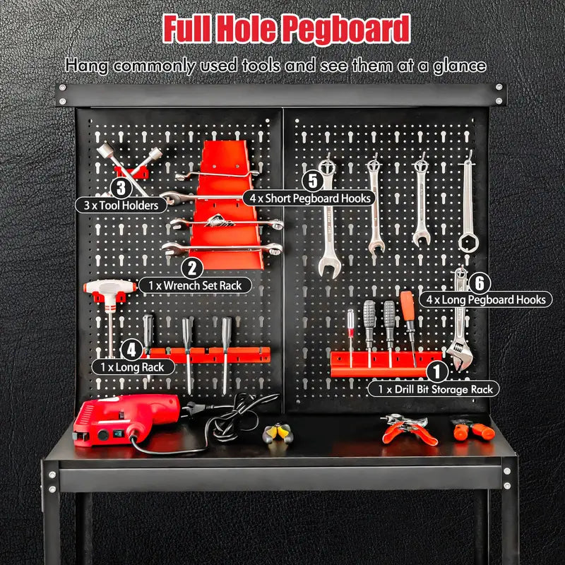 Heavy-Duty Steel Workbench with Pegboard – Tool Table Featuring 2 Open Shelves & 13 Accessories