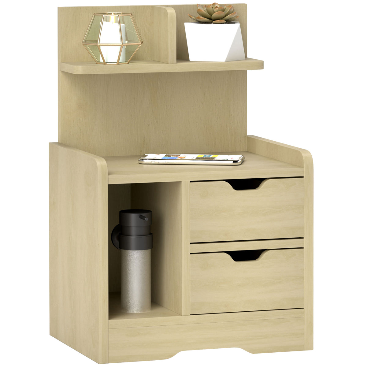 HOMCOM Nachttisch mit 2 Schubladen, offener Ablage, 40x30x60 cm, Holzdekor