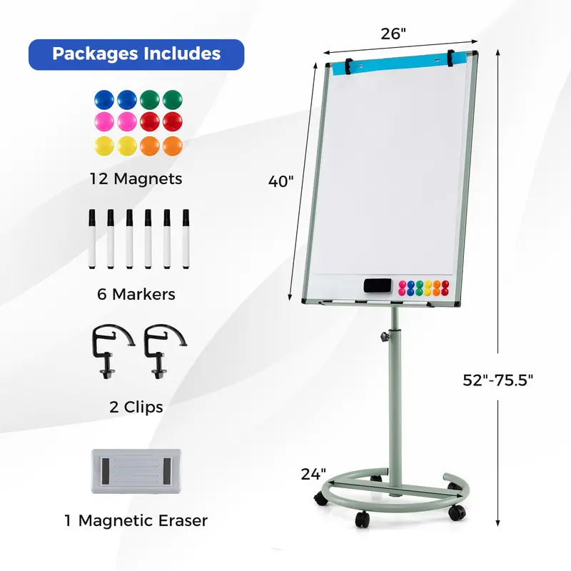 Height-Adjustable Mobile Dry Erase Board – 40″ x 26″ on Stable Round Wheeled Stand