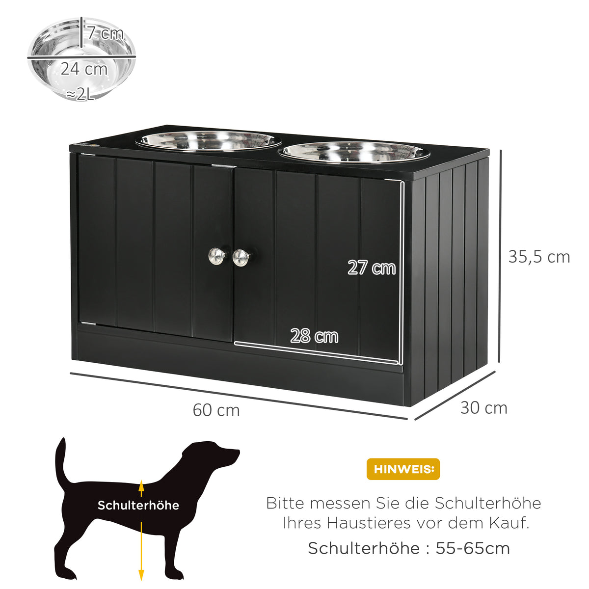PawHut Erhöhte Futterstation mit 2 Edelstahlschüsseln und 44 L Stauraum, Magnettüren, für große Hunde, Schwarz