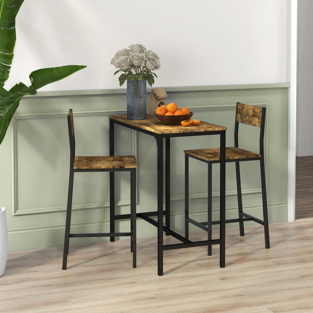 HOMCOM 3-teiliges Bar-Set, Stehtisch, 2 Stühle, MDF, Metallrahmen, wasserfest, Braun