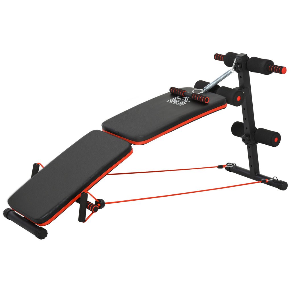 HOMCOM Sit Up Bank Bauchtrainer mit Trainingsseile Trainingsbank Multifunktion Verstellbar&klappbar 110 kg Belastbarkeit Stahl Schwarz+Rot 137 x 51 x 50-66 cm