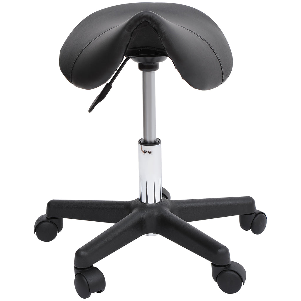 HOMCOM Rollhocker, sattelförmiger Sitz, höhenverstellbar, um 360° drehbar, Kunstleder, schwarz, 35 x 38 x 45-55 cm