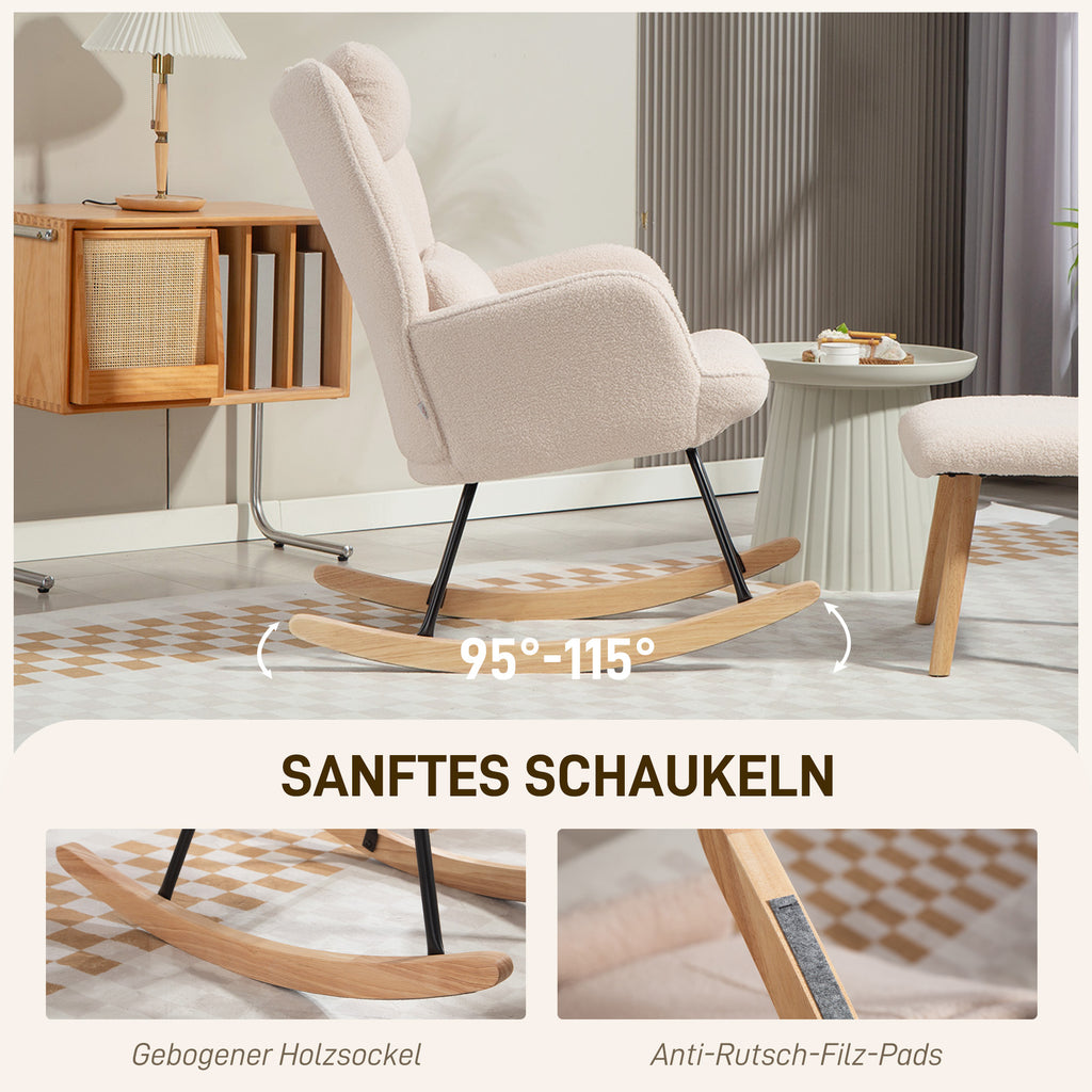 HOMCOM Schaukelstuhl mit Fußhocker, weicher Fleece-Bezug, Holzbeine, Kissen, hohe Rückenlehne, Schaukelsessel, Beige