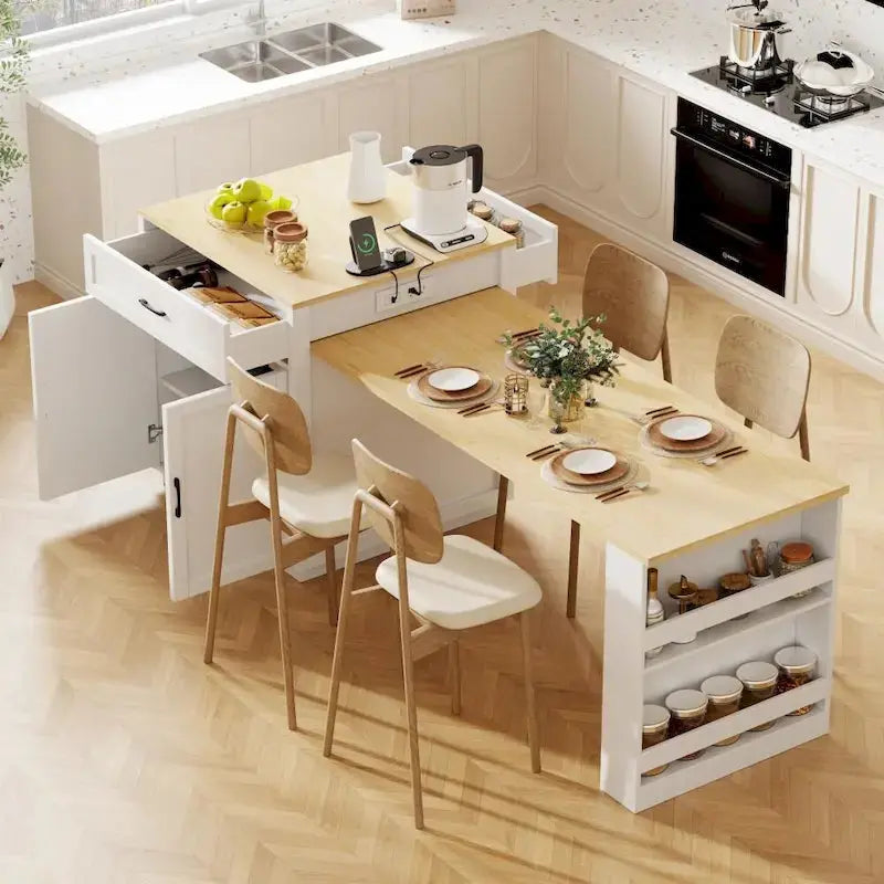 Wooden Extendable Kitchen Island for 4–6 People with Dual Storage Compartments
