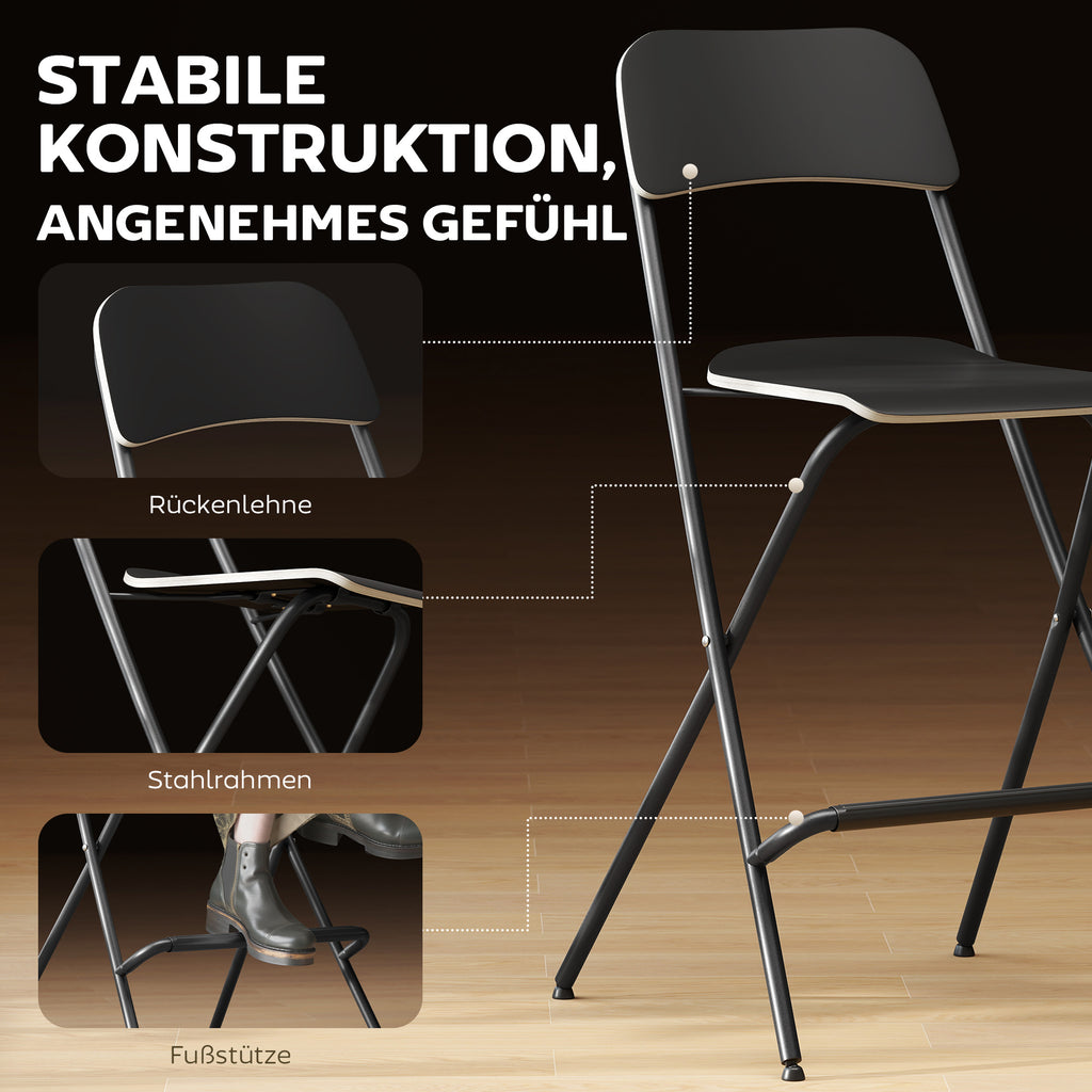 HOMCOM 2er-Set Barhocker, klappbare Barstühle mit Stahlrahmen, für Küche, Esszimmer, Schwarz