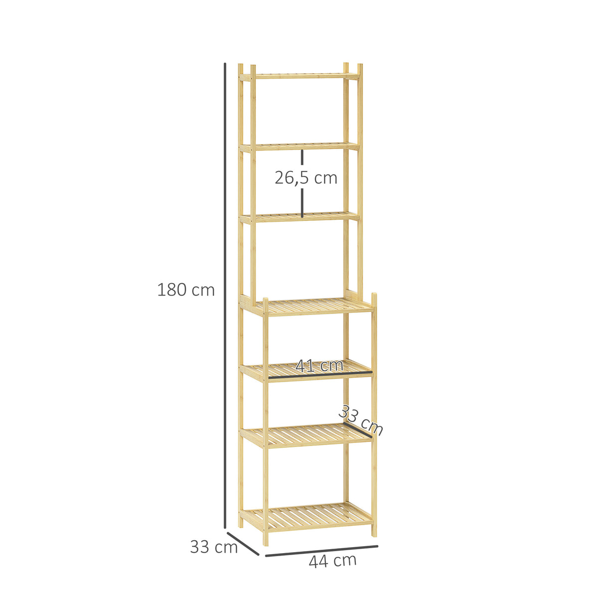 HOMCOM Badezimmerregal mit 7 Ebenen, Badregal aus Bambus, wasserfest, robust, 180 cm