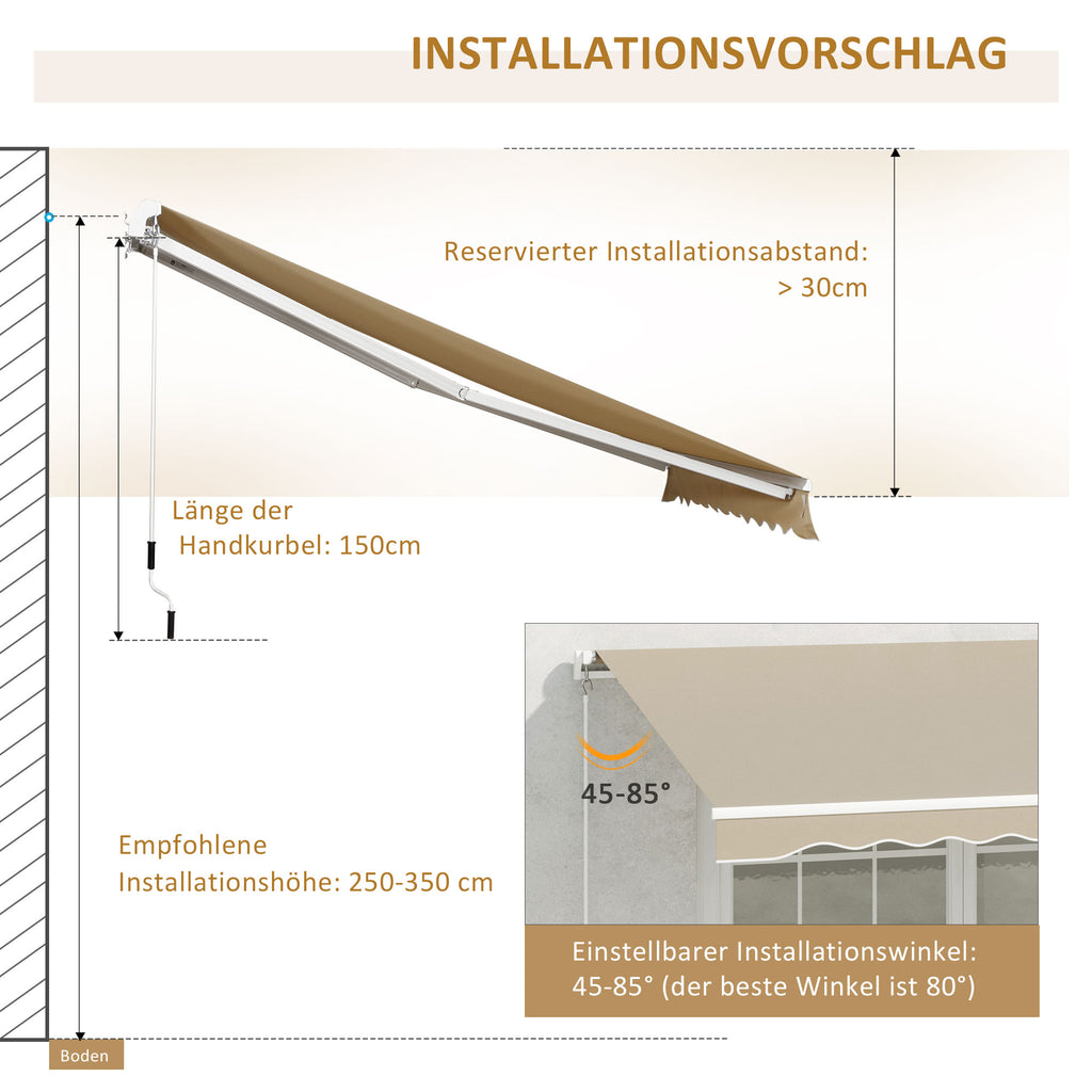 Outsunny Markise, Sonnenschutz, einfahrbar, mit Handkurbel, Metallrahmen, Polyester, Weiß+Beige, 3,95 x 2,45 m