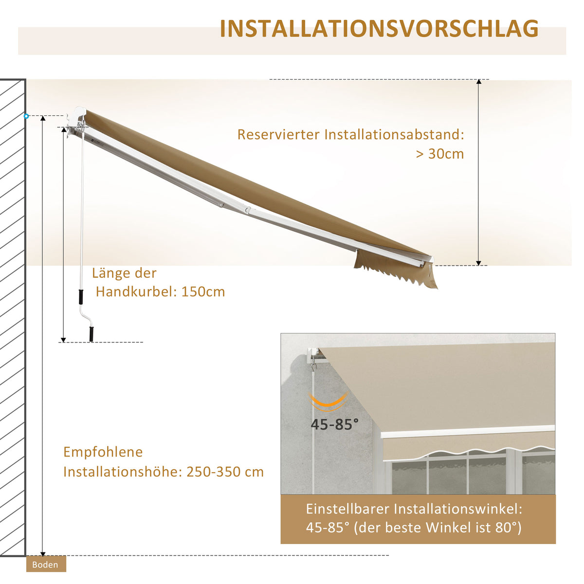 Outsunny Markise, Sonnenschutz, einfahrbar, mit Handkurbel, Metallrahmen, Polyester, Weiß+Beige, 3,95 x 2,45 m