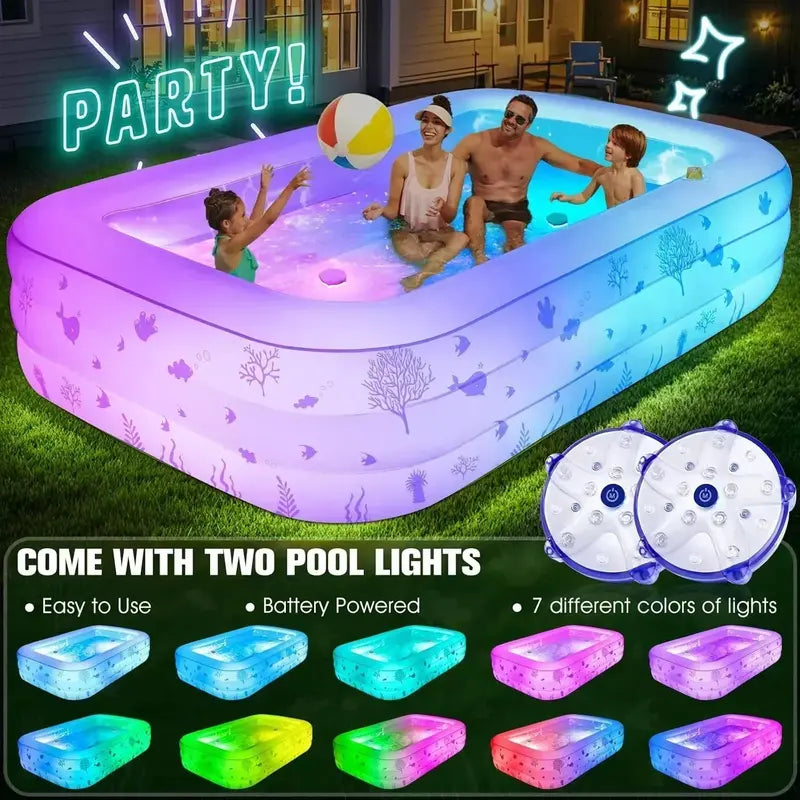 Lighted Family Inflatable Pool – Extra-Large with Integrated Seats & Waterproof LED Lighting