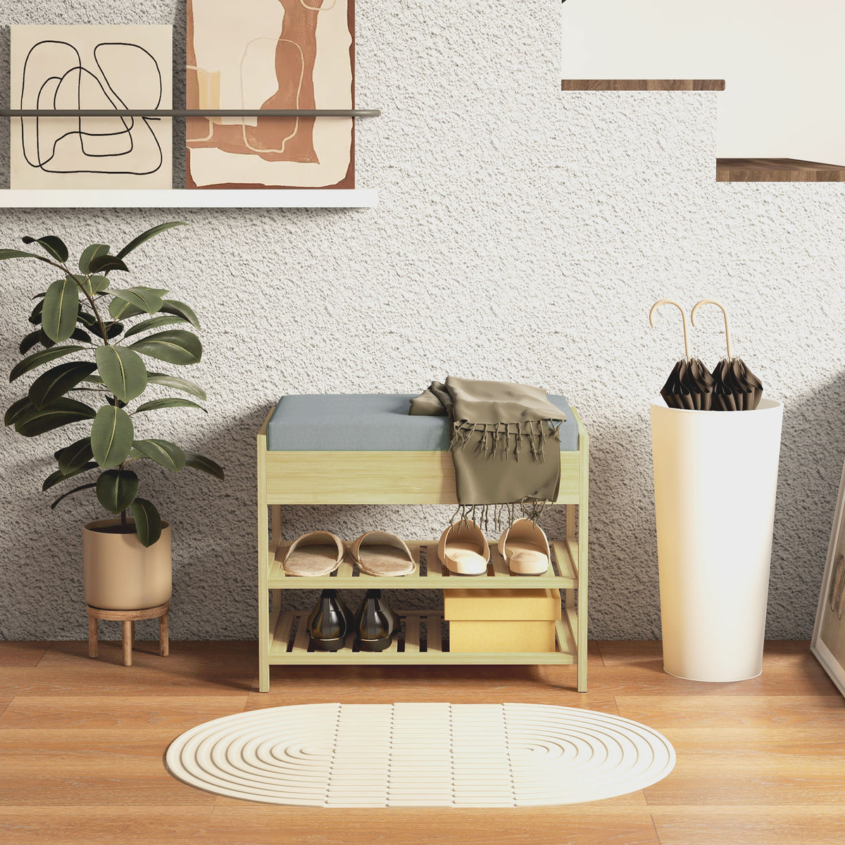 HOMCOM Schubank Schuhregal, 2 Ablagen, Sitzpolster, Bambus, 55 cm x 35 cm x 46 cm, Grau + Natur