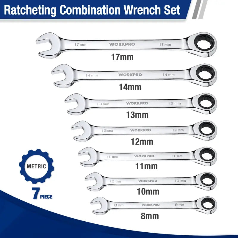 WORKPRO 7-Piece Ratcheting Combination Wrench Set – Compact & Durable