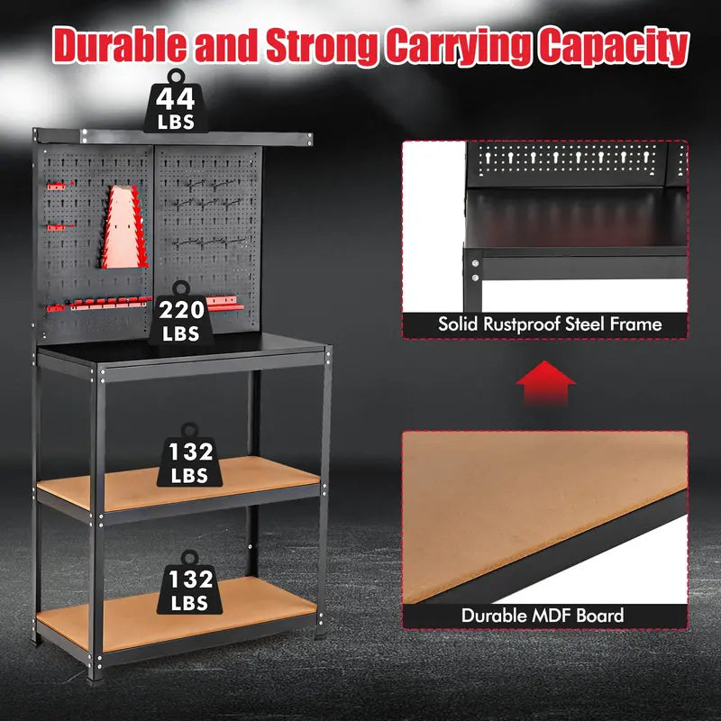 Heavy-Duty Steel Workbench with Pegboard – Tool Table Featuring 2 Open Shelves & 13 Accessories