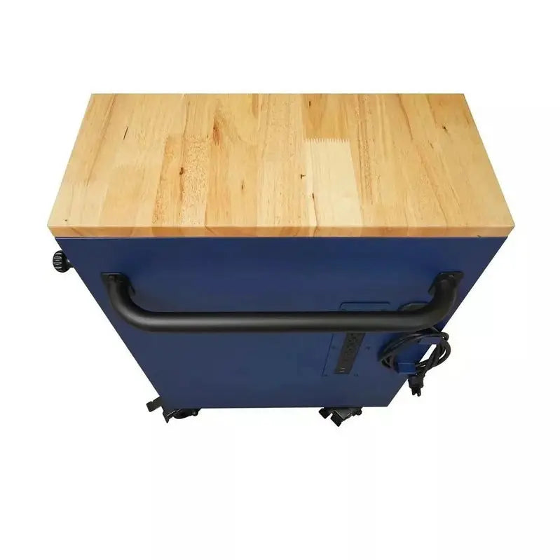 Heavy-Duty 52-Inch Mobile Workbench – 9-Drawer Unit with Adjustable Solid Wood Top in Matte Blue Finish