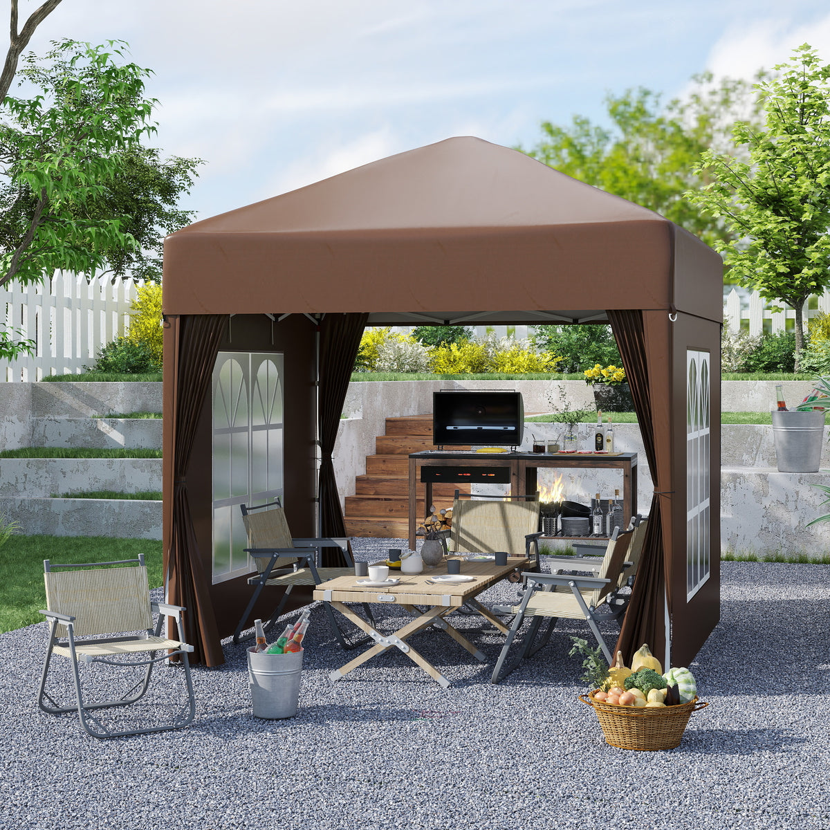 Outsunny Faltpavillon, Bierzelt, 4 abnehmbare Seitenwände, 2 Fenster, Metallrahmen, 2 x 2m, Braun