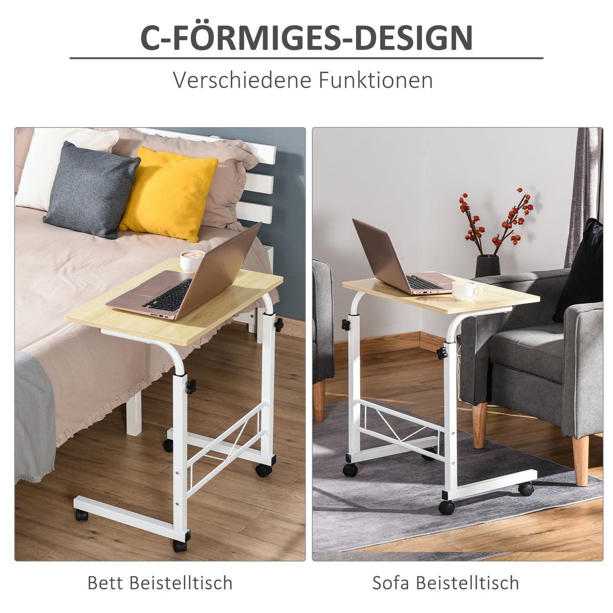 HOMCOM Beistelltisch höhenverstellbarer Couchtisch mobiler Endschreibtisch mit Rädern Feststellbremsen C-Tische Spanplatte Stahl Eisen Kunststoff Weiße Ahornfarbe 60 x 40 x 68-78 cm