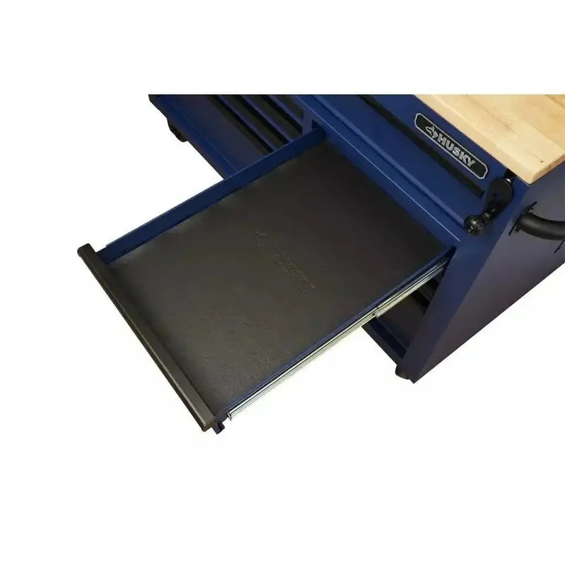 Heavy-Duty 52-Inch Mobile Workbench – 9-Drawer Unit with Adjustable Solid Wood Top in Matte Blue Finish